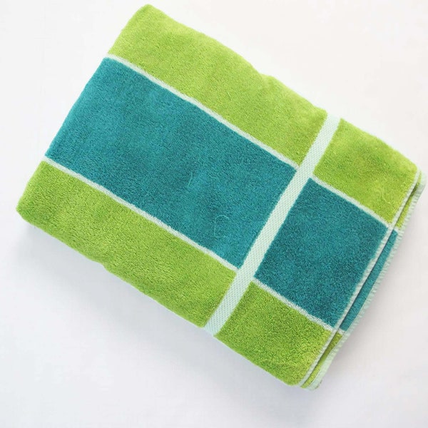 Vintage 70s Mint Green Striped Beach Towel XL - 1970s Fieldcrest Terrycloth Pool Towel