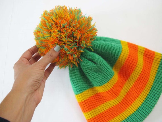 70s Oversized Pom Pom Beanie - Striped Green Oran… - image 2