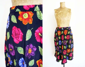Vintage 90s 2000s Flower Print Black Silk Skirt S M - Y2K Colorful Floral Knee Length Pencil Skirt - Liz Claiborne