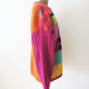 Vintage 90s Mohair Blend Colorblock Geometric Oversized Ribbed Knit Sweater M L Pink Orange Multicolor image 4