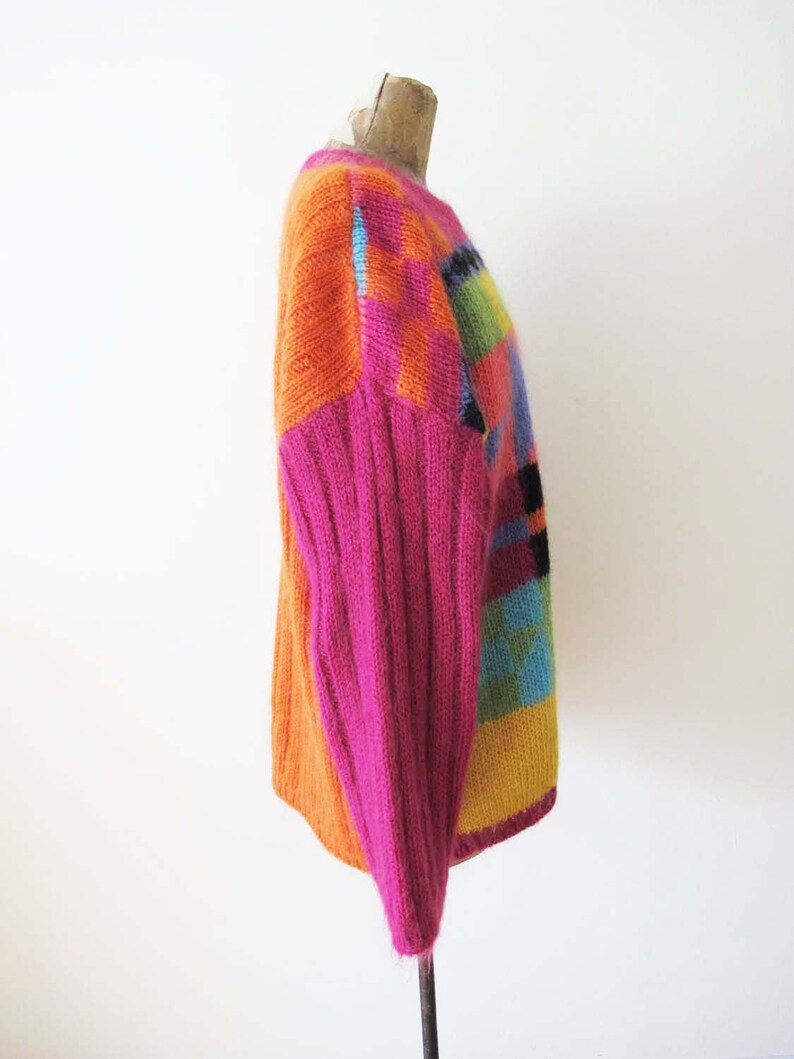 Vintage 90s Mohair Blend Colorblock Geometric Oversized Ribbed Knit Sweater M L Pink Orange Multicolor image 4