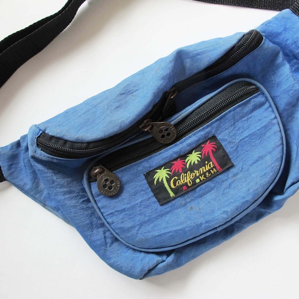 Jaren '90 Blue Fanny Pack - Vintage Nylon Side Bag - California K en H 1990 Bum Bag - Single Strap Schoudertas