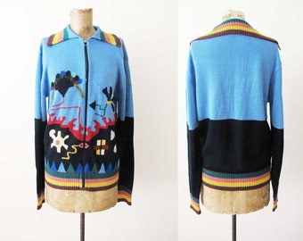 Vintage 70s Abstract Surrealist Knit Sweater Jacket M L - 1970s Blue Collared Zip Up Knitted Sweater Stripe Multicolor