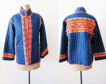 Vintage 70s Blue Quilted Patchwork Jacket S - 1970s Navy Blue Orange Red Floral Calico Tall Neck Womens Jacket