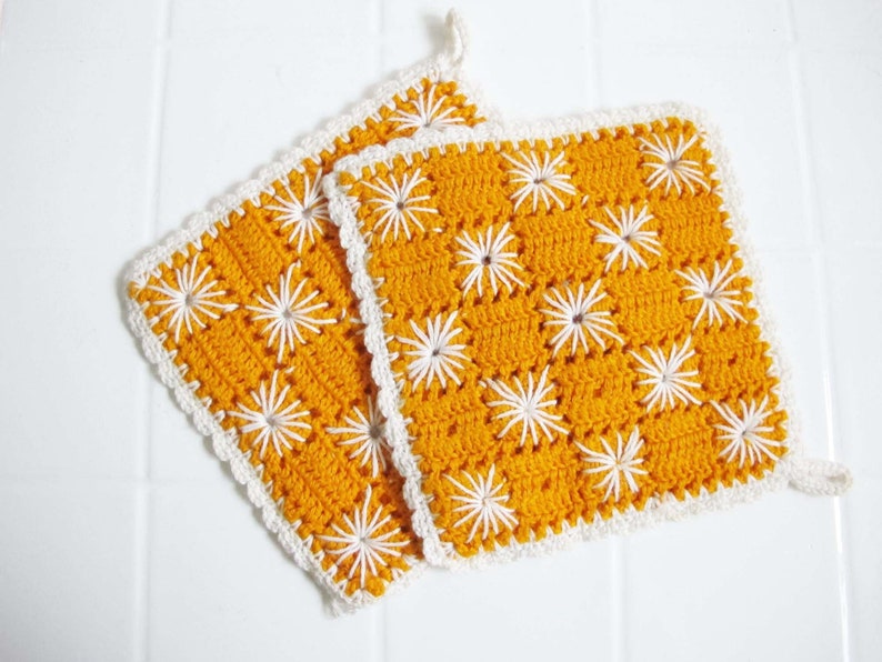 Vintage Crochet Pot Holders Set of 2 1960s Orange White Patchwork Knit Kitchen Cloth Trivet Retro Shabby Chic Kitchen image 1