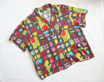 Vintage 90s Floral Shapes Button Up Shirt M L - 1990s Oversized Baggy Brown Yellow Colorful Abstract Print Collared Shirt