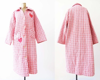 Vintage Red Gingham Plaid Quilted Robe - 90s Long Button Up Duster Jacket with Red Heart Patches - Quirky Style
