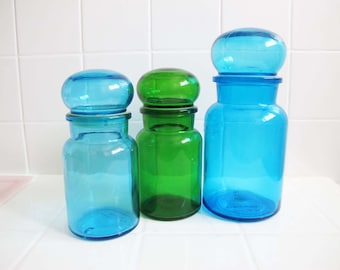 Mid Century Blue Green Bubble Top Glass Jars: Belgian Apothecary Containers, Set of 3