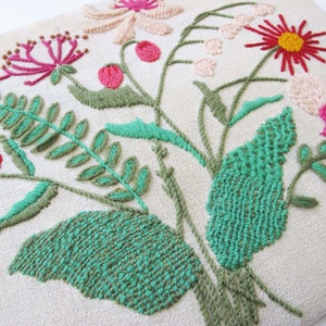 Vintage 1960s Pink Green Floral Embroidered Art 18x14 60s Hand Embroidered Wild Flower Art Canvas on Board Fern Lilly of the Valley image 3