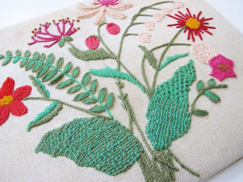 Vintage 1960s Pink Green Floral Embroidered Art 18x14 60s Hand Embroidered Wild Flower Art Canvas on Board Fern Lilly of the Valley image 3