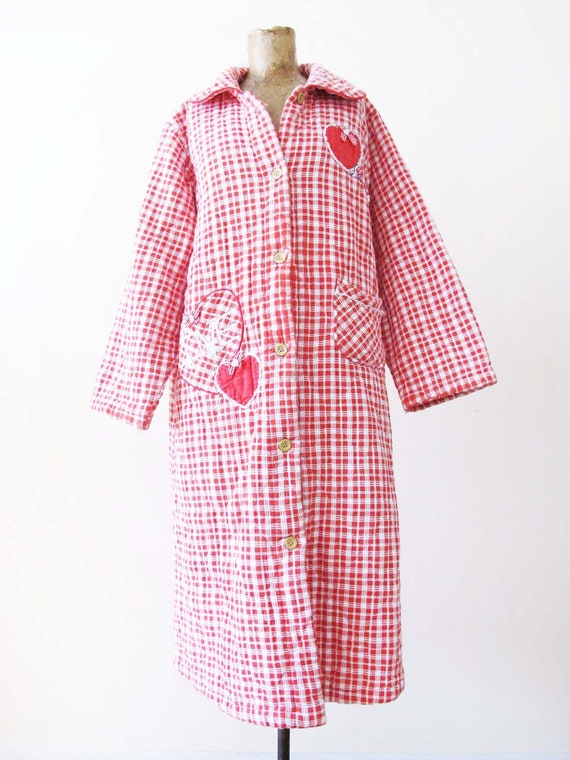 Vintage 90s Red Gingham Quilted Robe: Heart Patch Duster Jacket