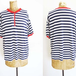 Vintage 80s Blue Striped Henley Neck T Shirt M L 1980s Soft Thin Nautical White Blue Shirt image 1