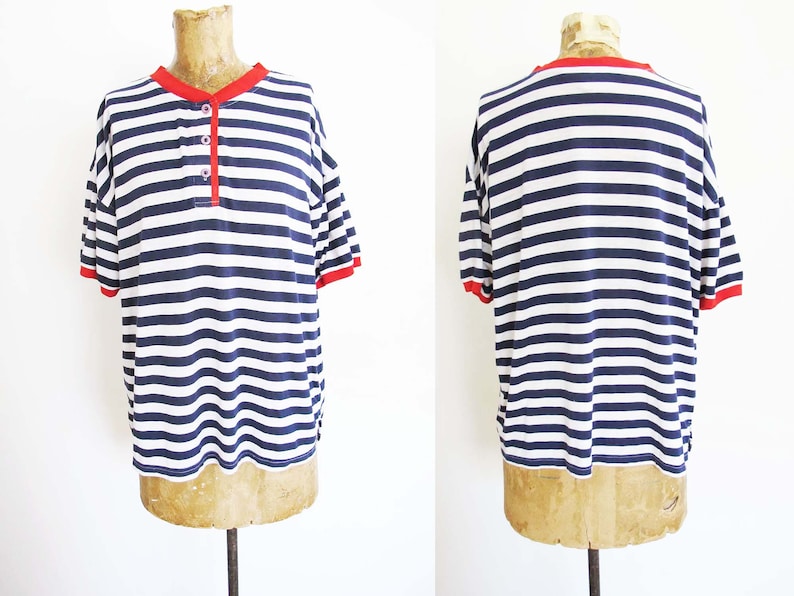 Vintage 80s Blue Striped Henley Neck T Shirt M L 1980s Soft Thin Nautical White Blue Shirt image 1