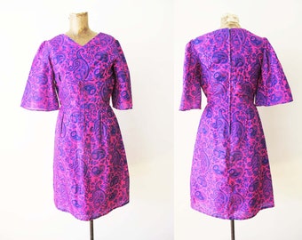 Vintage 60s Neon Pink Purple Paisley Silk Mini Dress S - Wide Cut Sleeve 1960s Mod Twiggy Psychedelic Dress