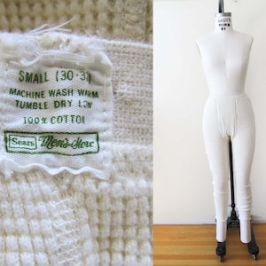Vintage 60s Baumwolle Thermo Long John Hose S - 1960s Sears White Waffel Strick Leggings - Base Layer