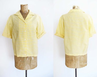 Vintage 50s Yellow Gingham Plaid Womens Blouse S M  - 1950s Short Sleeve Collared Button Up Top