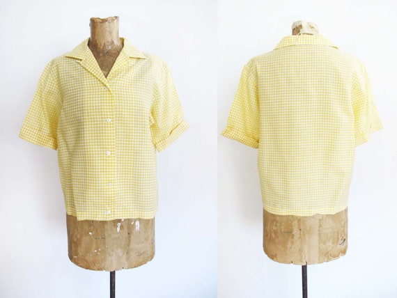 Vintage 50s Yellow Gingham Plaid Womens Blouse S … - image 1