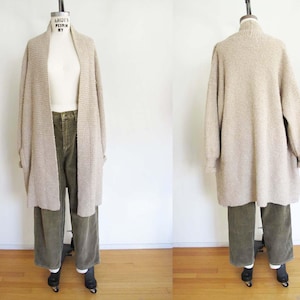 Vintage 80er Jahre Lange Strickjacke Mantel M L - Oatmeal Beige Boucle Strickrobe Cardigan - Gemütliche strukturierte knopflose Strickjacke