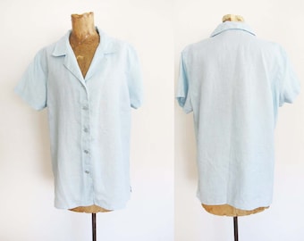 Vintage Hellblaues Leinen Kurzarm Hemd M - 1990er Jahre Liz Claiborne Pastell Woven Collared Button Up Shirt - Minimalist