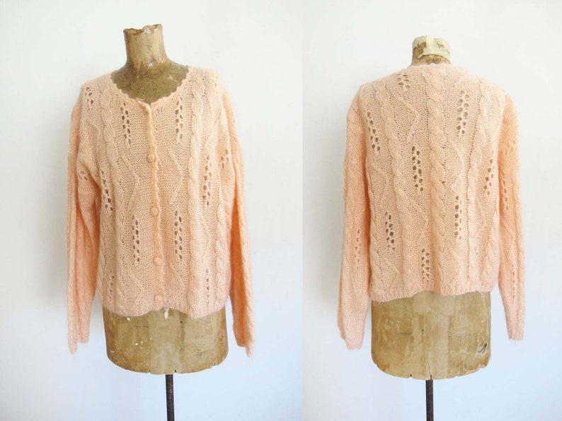 Vintage Baggy Cable Knit Cardigan Sweater M Oversized Open Weave Pointelle Mohair Pullover Peach Pink Pastel Knitted Grunge Fairy Kei image 2