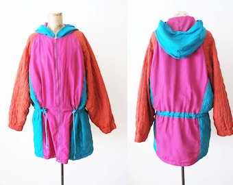 Vintage 90s Silk Colorblock Hooded Jacket M  - 1990s Quilted Baggy Oversized Multi Color Pink Red Teal Zip Up Windbreaker