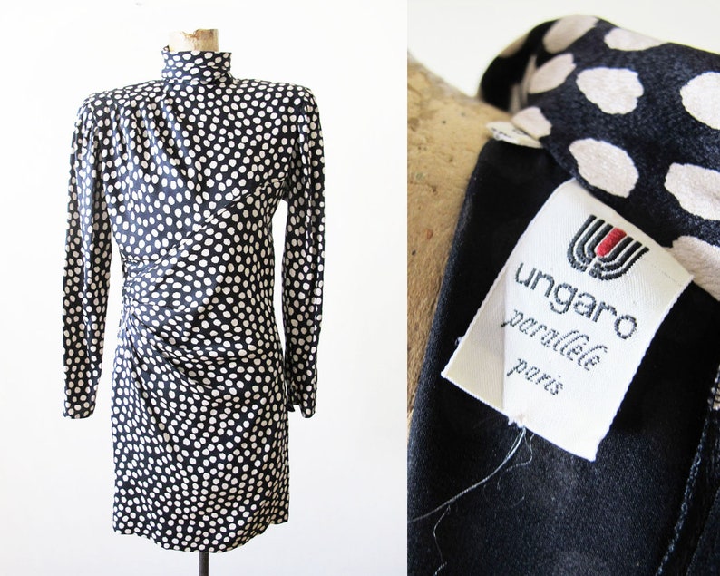 Emanuel Ungaro Silk Ungaro Mini Dress Shoulder Pad Dress Black White Dot Dress Vintage Ungaro Dress 80s Ungaro Parallele Paris