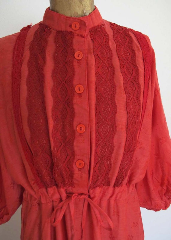 Vintage 70s Red Balloon Sleeve Peasant Dress S M … - image 2