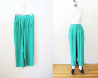 Vintage 80s Teal Green Silk Pleated Trousers S - 1980s High Elastic Waist Bright Green Women Pants - Solid Color