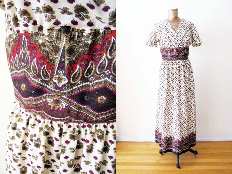 Vintage 70s Indian Block Print Maxi Dress S M 1970s Brown Burgundy Red Long Empire Waist Indian Print Cotton Sundress Bohemian Style image 1