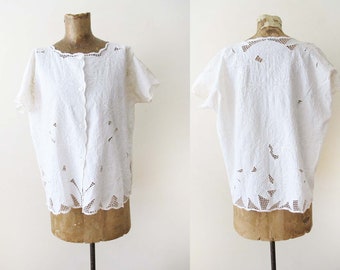 Vintage 80s White Bali Cut Shirt M L - 1980s Floral Cutwork Embroidered Short Sleeve Button Up - Net Mesh Cutout Boho Swim