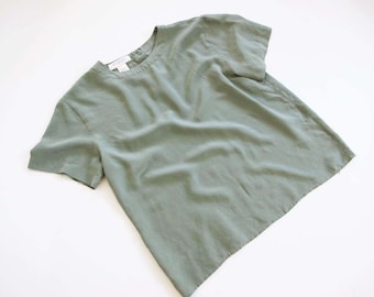 Vintage 90s Sage Green Silk Blouse S - 1990s Simple Short Sleeve Earth Tone Top - Minimalist Style