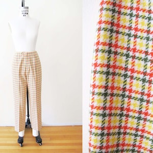 Vintage 70s Preppy Plaid Pants S 26  - 1970s Womens High Waist Wool Trouser Pants - Yellow Red Green Plaid Mod Boho Pants - Academia Golf