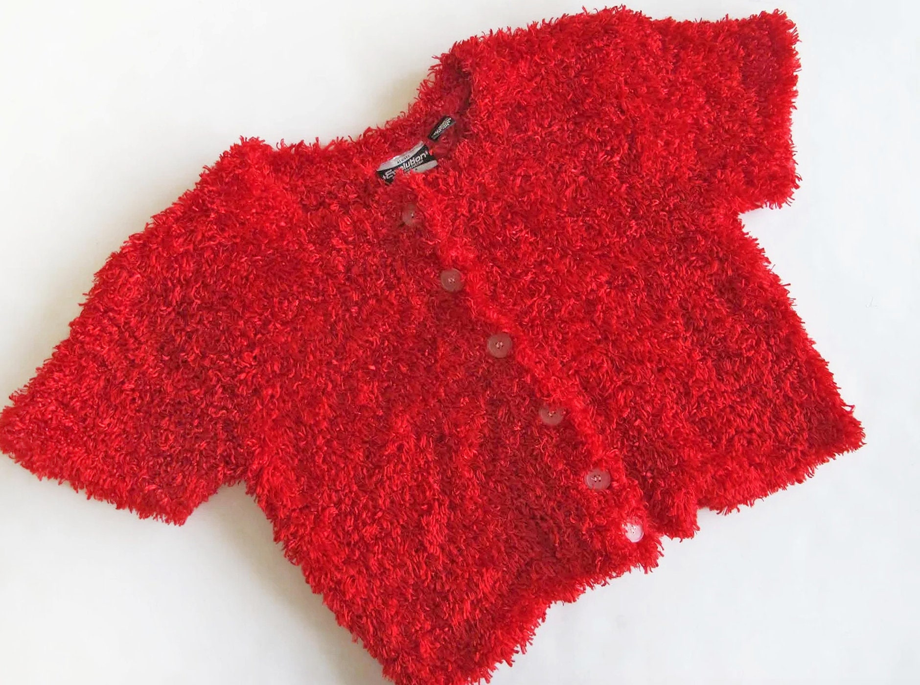 Vintage Y2K Fuzzy Chenille Crop Sweater M L 2000s Red Short Sleeve Cardigan Button up Top Etsy Australia