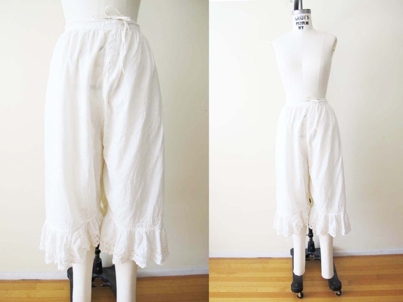 Victorian Cotton Pantalette Bloomer Pants 34 Waist Large Antique White Cotton Ruffle Eyelet Lace Undergarments Historical Romantic image 4