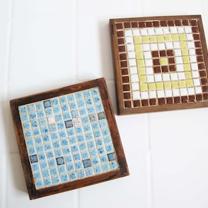 Vintage 60s Tile Wood Square Trivet Lot of 2 - Blue Brown Yellow Tile Trivet Indoor Plant Holder