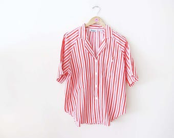 Vintage Red White Vertical Stripe Button Up M - 1980s Short Sleeve Collared Cotton  Top