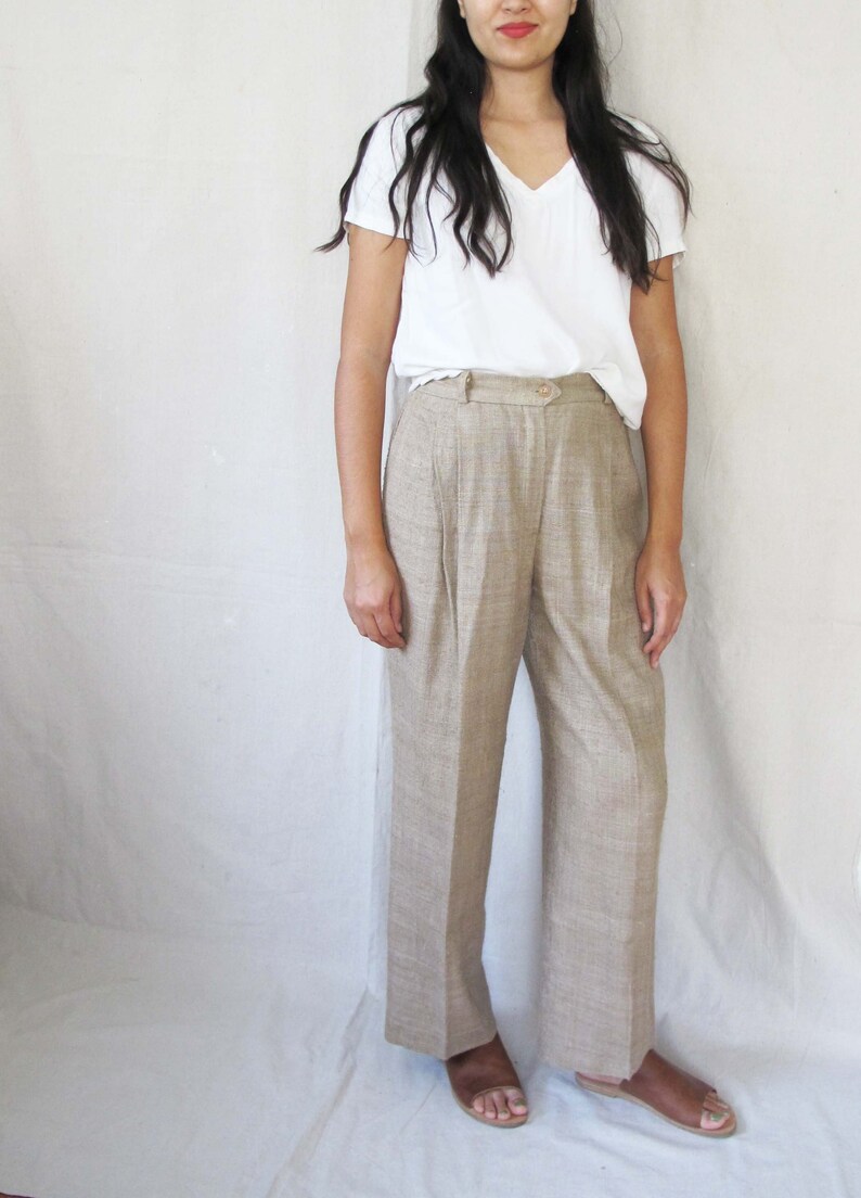 Vintage 70s Pleated Silk Trousers 29 High Waist Wide Leg Trousers Womens Textured Beige Trousers Pants 70s Clothing Dark Academic image 2