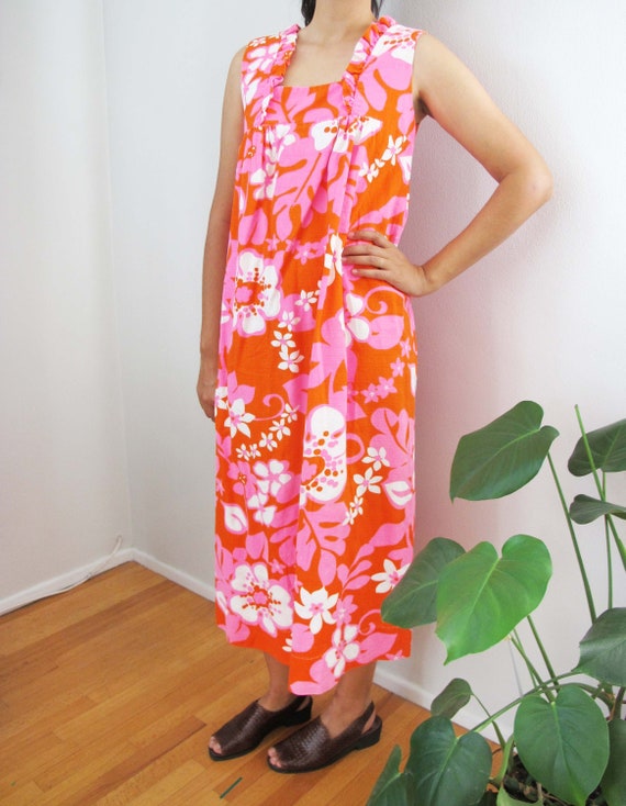 Vintage Barkcloth Dress - 60s Hawaiian Barkcloth M