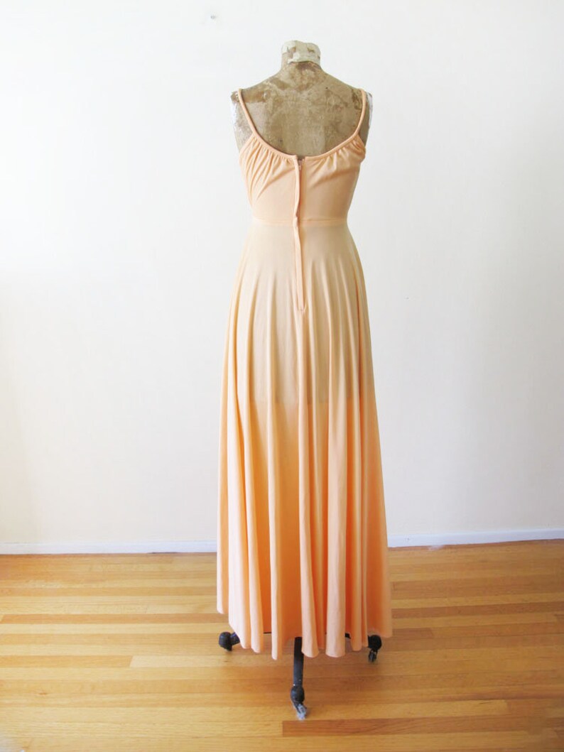 70s Long Flowy Dress Sheer Bolero Jacket Peach Pastel Disco Dress Vintage 70s Maxi Dress 70s Prom Dress Spaghetti Strap Maxi