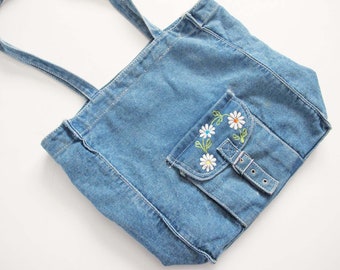 Vintage 90s 2000s Denim Purse - Blue Jean Tote Bag Embroidered Daisy Flowers - Long Strap Tote Bag