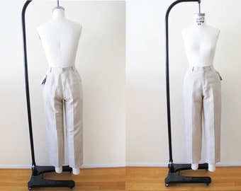 90s Beige Linen Trouser Pants 24 XS Deadstock - High Waist Tapered Leg - Preppy Academia Style