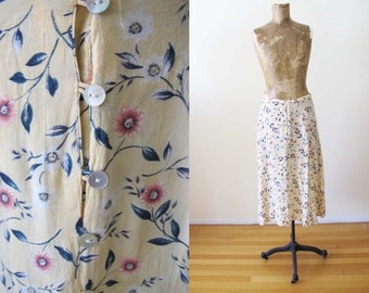 Vintage 90s Grunge Floral Button Front Knee Skirt S M - 1990s Cream Yellow Pink Rayon Flower Print Romantic Skirt
