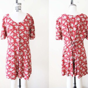 90s Red Floral Romper M L  - Vintage 1990s Express Grunge White Daisy Flower Print Womens One Piece Button Up Playsuit
