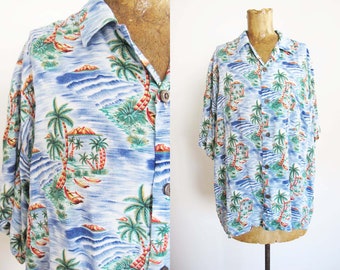 80s Oversized Hawaiian Shirt XL - Vintage Tropical Palm Tree Aloha Button Up - Tiki Rayon Shirt