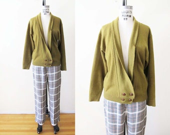 Vintage 70s Green Wool Shawl Collar Cardigan S M - Academia Preppy Professor Womens Woven Button Sweater