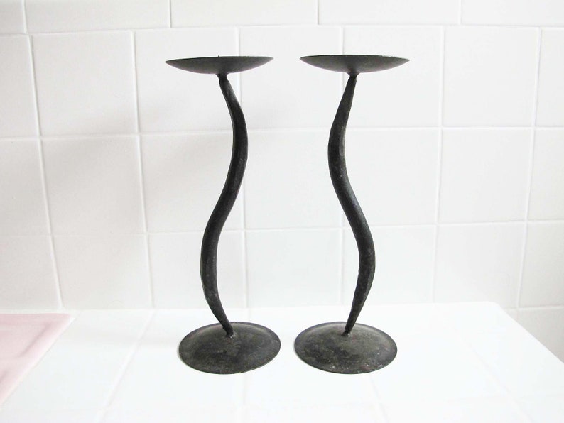 Vintage Brutalist Wavy Iron Candleholders Pair Tall Black Metal Candlesticks Minimalist Home Decor image 1