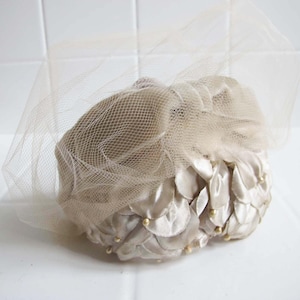Vintage 60s Bridal Fascinator Hat Headband - Off White Taupe Grey Beige Satin Floral Petal Pearl Netted Head Piece with Velvet Bow