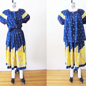 Vintage Peasant Blouse Skirt Set S - Anastasia Paris 80s Blue Yellow Cotton Bohemian Co Ord Cottagecore Matching Outfit
