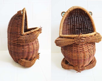 Vintage 70s Brown Wicker Frog Basket with Green Glass Eyes  - Olivier Cajan Rattan Wide Open Mouth Sitting Frog Container - Quirky Cottage