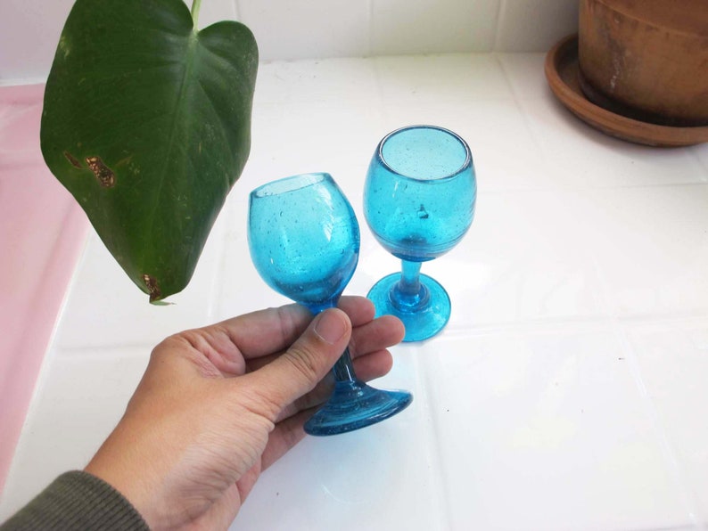 Vintage Turquoise Blue Aperitif Shot Glasses Set of 2 Vintage Barware 1960s Bubble Mini Goblets Cocktail Bar Cart Housewarming Gift image 6